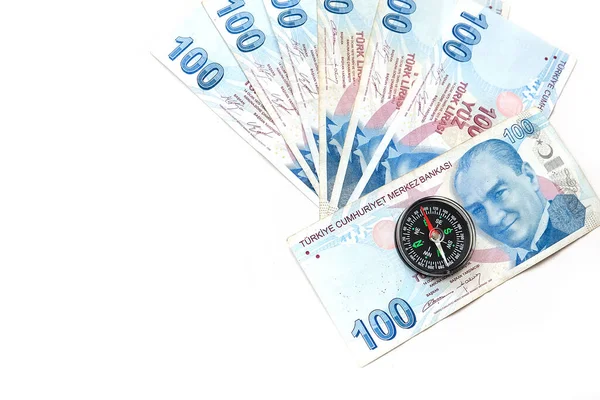 Bússola 100 Liras Turcas Close Usar Lira Turca Para Economia — Fotografia de Stock