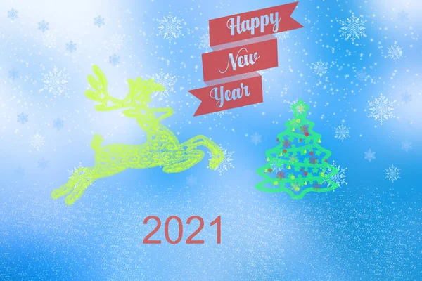 祝您新年快乐2021年贺卡 节庆蓝白相间的贺卡 五彩缤纷的枞树 2021年的文字 — 图库照片