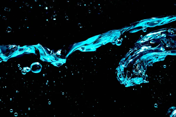 Close Blue Wave Water Drops Air Bubbles Black Background — Stock Photo, Image