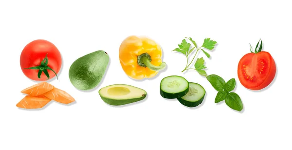 Geïsoleerde Groente Rauwe Groenten Bovenaanzicht Wortel Avocado Paprika Komkommer Tomaat — Stockfoto