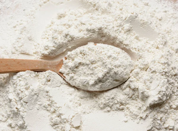 White Wheat Flour Wooden Spoon Top View Close — Stock Photo, Image