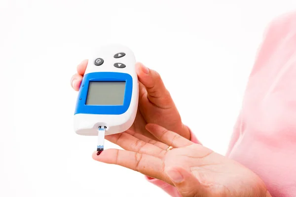 Closeup Hands Woman Measur Glucose Test Level Check Blood Finger — Stock Photo, Image