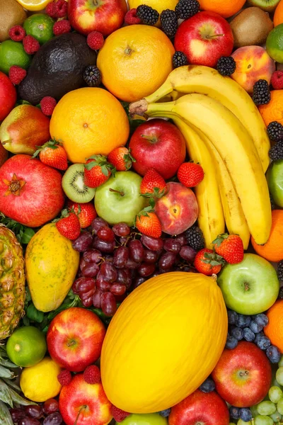 Fondo Alimentare Frutta Raccolta Mele Bacche Formato Verticale Banana Arance — Foto Stock