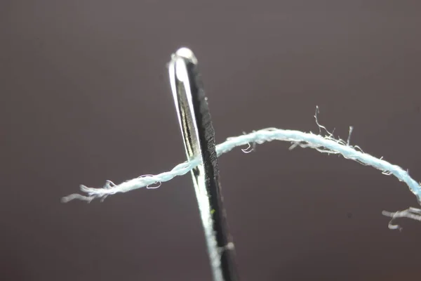 Macro Photograph Sewing Needle Small Needle Thread Eyelet Isolated Black — Stock Photo, Image