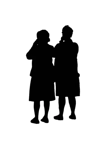 バックビュー2人のシニア女性が白いグラフィックシルエットに隔離されたカメラで写真を撮る — ストック写真