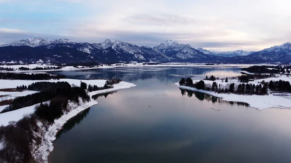 Flygdrönare Skott Forggensee Sjö Bayern Vintern Blå Timme — Stockfoto