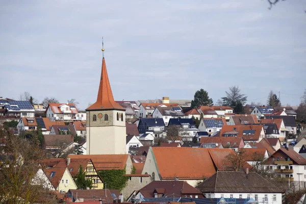 Aufnahme Des Historischen Kirchturms Weissach Hinterhof — Stockfoto