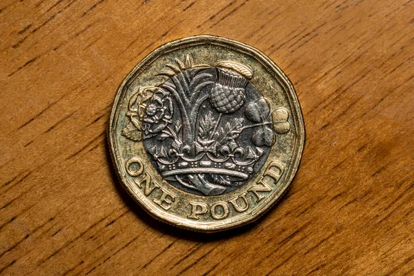 영국의 파운드 동전은 2017 도입되었는데 동전은 사진에 주화에 나라의 상징을 — 스톡 사진