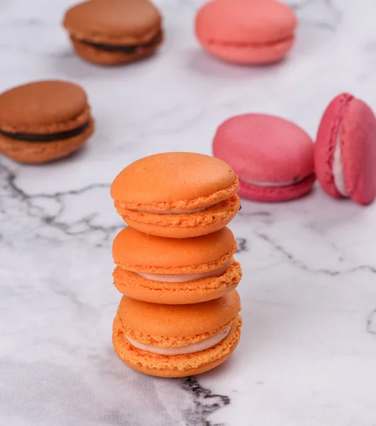 Stack Baked Orange Macarons White Table Close — Stock Photo, Image