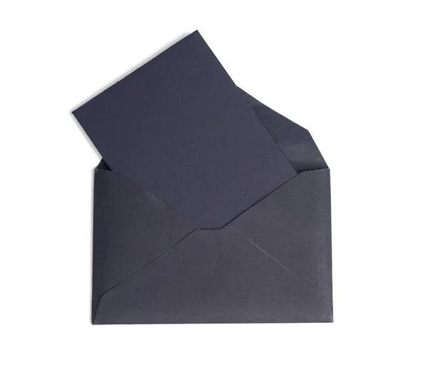 Envelope Papel Preto Folha Papel Branco Interior Isolado Fundo Branco — Fotografia de Stock