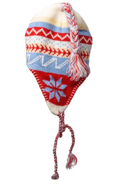 Winter Gestrickte Rot Weiße Mütze Mit Bommel Auf Weißem Hintergrund — Stockfoto