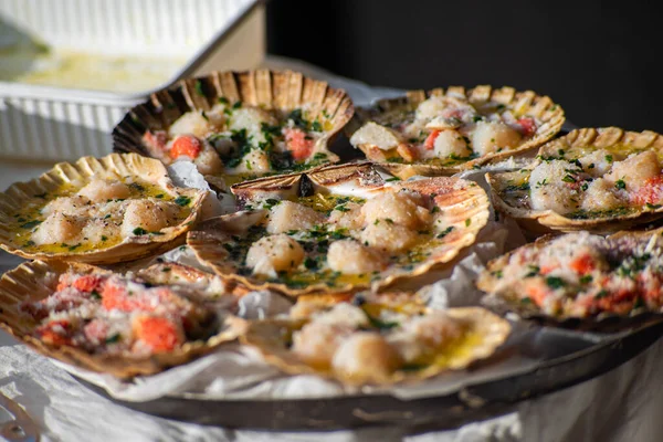 Makanan Laut Lezat Piring Atas Meja Kayu — Stok Foto
