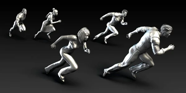 一组在黑色背景上奔跑的人的3D渲染 — 图库照片