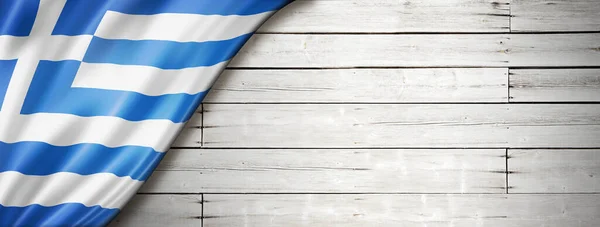 Řecká Vlajka Staré Bílé Zdi Horizontální Panoramatický Nápis — Stock fotografie