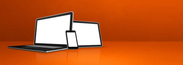 Laptop Mobiele Telefoon Digitale Tablet Oranje Bureau Banner Achtergrond Illustratie — Stockfoto