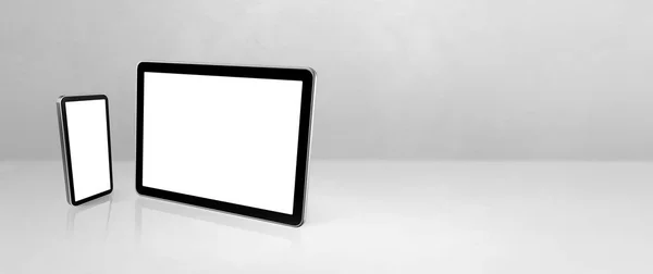 전화와 디지탈 태블릿 화이트 오피스 책상에 수평적 — 스톡 사진