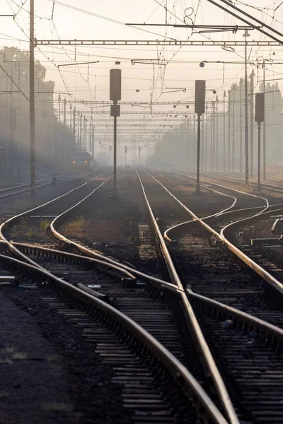 Estação Ferroviária Médio Porte Nevoeiro Manhã República Checa — Fotografia de Stock