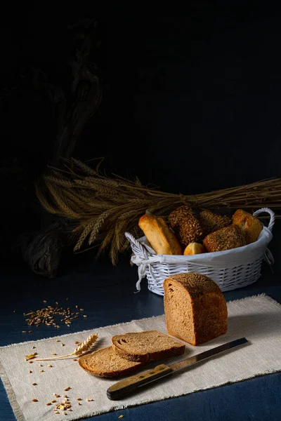 Homemade Bread Sesame Seeds Wheat Black Background — Stock Photo, Image