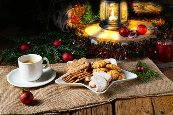 Different Types Biscuits Rustic Christmas Decorations — Stock Photo, Image