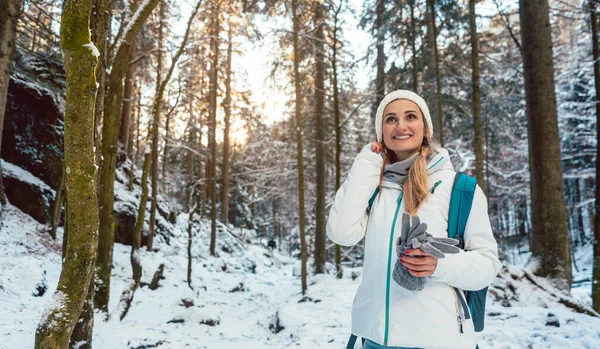 Женщина Наслаждается Зимним Походом Наслаждаясь Закатом Лесу — стоковое фото