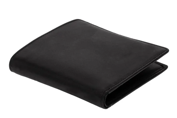 新的黑色真皮皮夹的包装 用于钞票和塑料卡片 独立于白色背景 金融和商业概念 — 图库照片