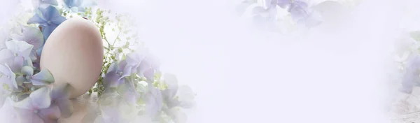Wielkanoc Martwa Natura Jajkiem Delikatnymi Purpurowymi Kwiatami Tło Krótką Głębią — Zdjęcie stockowe