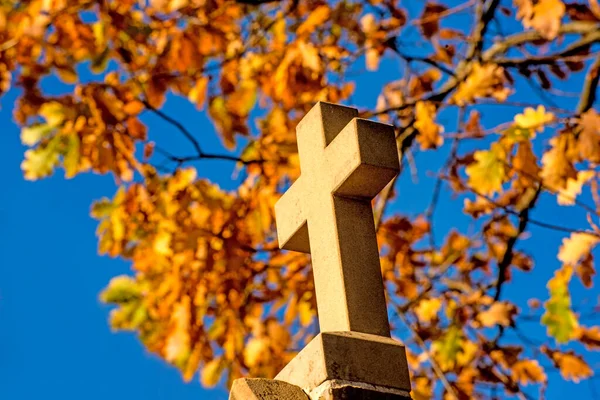 Kříž Poutní Cesty Podzimní Malované Listy — Stock fotografie