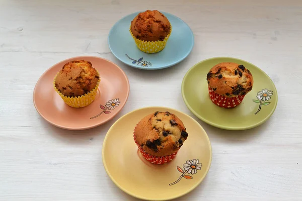 Delicious Birthday Cupcakes Table Colorful Plates Light Background — Stock Photo, Image