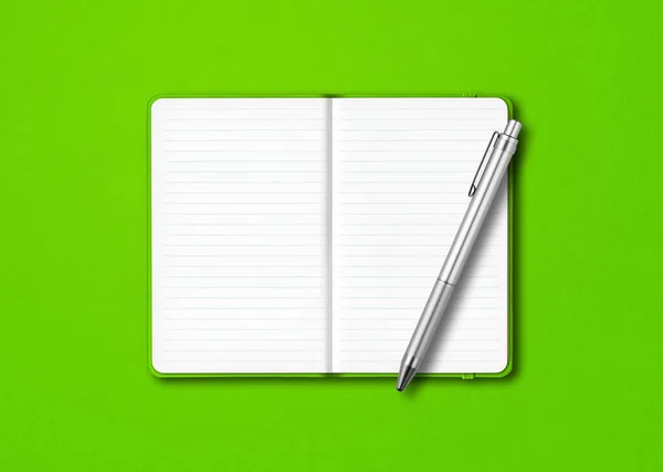 Zöld Nyílt Vonalú Notebook Mockup Tollal Elszigetelt Színes Háttér — Stock Fotó