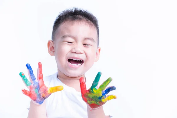 Happy Aziatische Kind Kind Glimlach Onderwijs Kunst Show Hand Met — Stockfoto