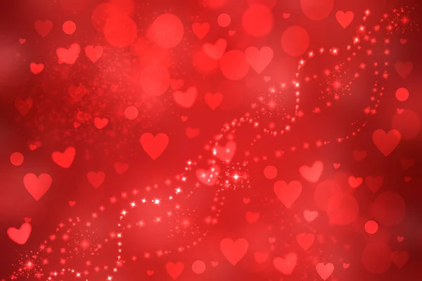 Abstract festive blur bright red pastel background with hearts and glittering stars love bokeh for wedding card or Valentine day.  Romantic textured backdrop with space for your design. Card concept.