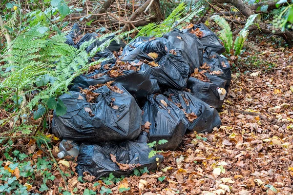 Black Plastic Rubbish Bags Waste Litter Containing Plastic Bottles Cups — Stock Photo, Image
