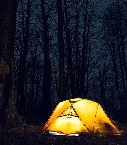 秋の森の中のテントの中で光 一晩の観光客 — ストック写真