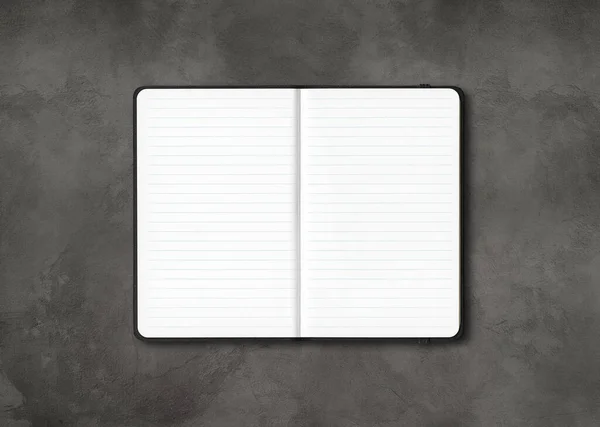 Zwart Open Gevoerd Notebook Mockup Geïsoleerd Donkere Betonnen Achtergrond — Stockfoto