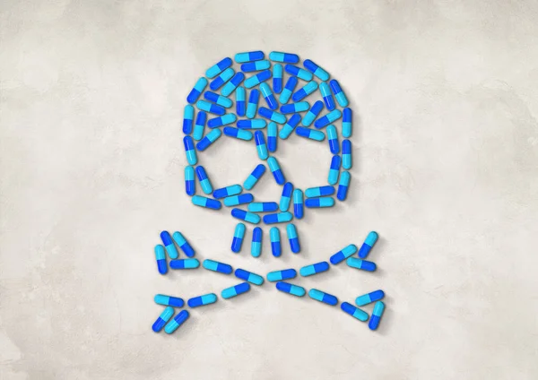 Koponya Kék Kapszula Tablettákból Készült Fehér Beton Alapon Izolálva Illusztráció — Stock Fotó
