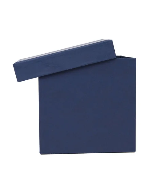 打开蓝色纸盒 盒子盖有白色背景隔离的礼物 — 图库照片