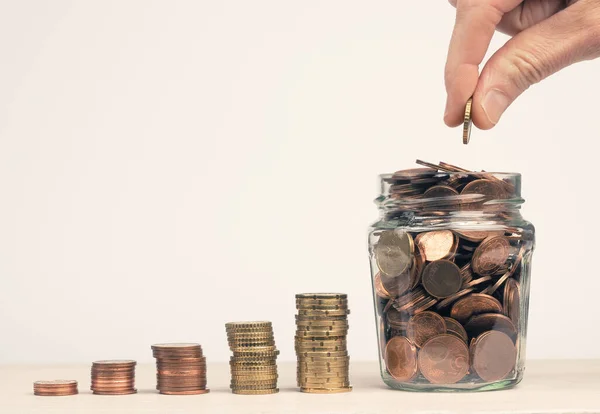 Stacked Money Coins Form Staircase Jar Filled Money Coins Hand — Stock Photo, Image