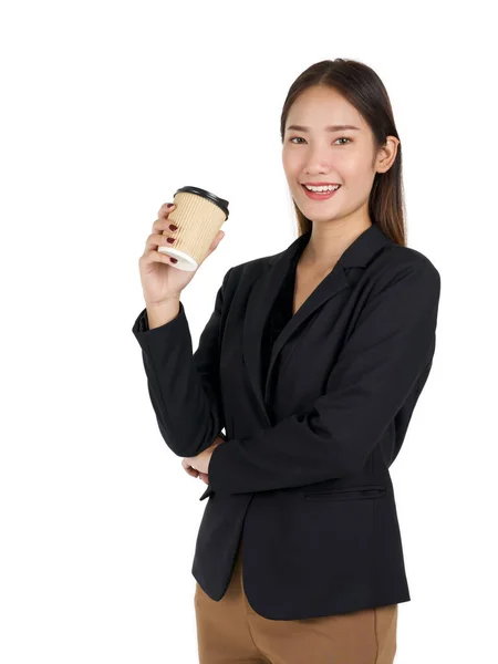 Jovens Mulheres Asiáticas Terno Preto Com Sorriso Segurando Uma Xícara — Fotografia de Stock