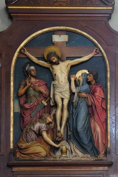 Korsets Stationer Jesus Dör Korset Jesu Heliga Hjärtas Basilika Zagreb — Stockfoto