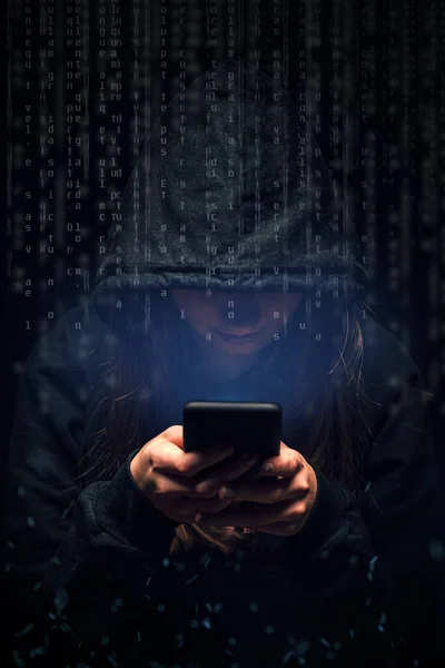 Hacker Com Uma Máscara Fundo Noite — Fotografia de Stock
