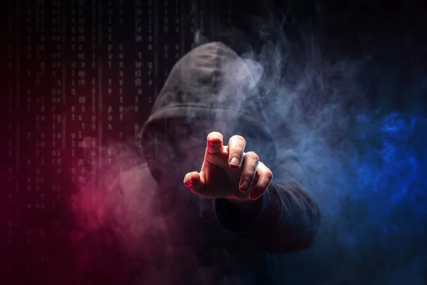 Hacker Encapuzado Dark Web Código Binário Digital Segundo Plano — Fotografia de Stock