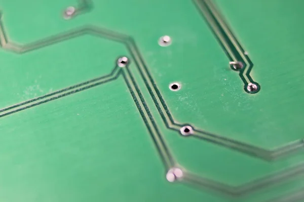Elektronikus Tábla Áramköri Vezetékek Chip Zöld Tábla Makronézete — Stock Fotó