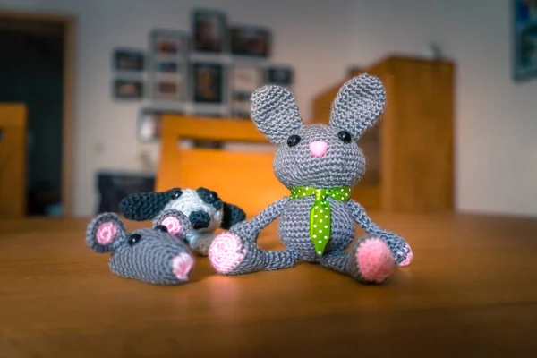 Souris Amigurumi Chien Lapin Faits Maison Laine — Photo