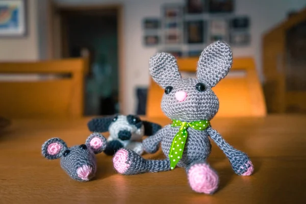 Souris Amigurumi Chien Lapin Faits Maison Laine — Photo