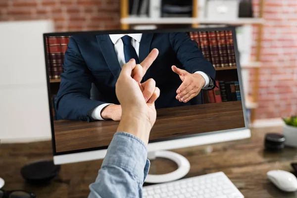 Business Man Trying Handshake Seeing Fuck Gesture Video Conference — Foto Stock