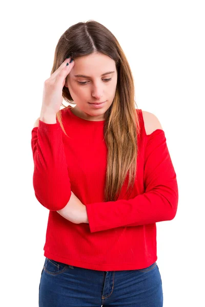 Young Woman Suffering Headache Isolated White Background — Stock Photo, Image