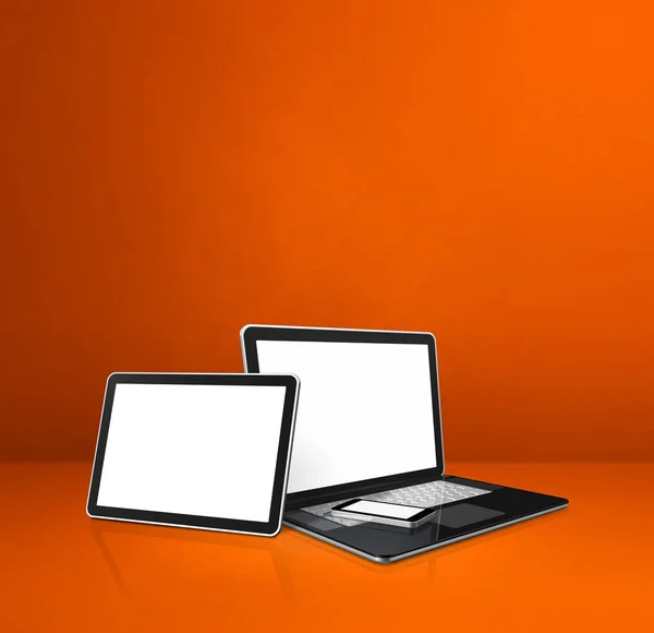 Ordenador Portátil Teléfono Móvil Tableta Digital Escritorio Oficina Naranja Ilustración — Foto de Stock