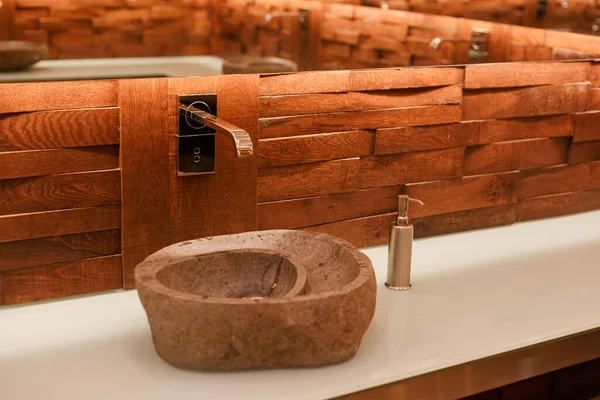 Évier Élégant Pierre Naturelle Légère Salle Bain Avec Lavabo Pierre — Photo