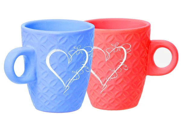 Primer Plano Una Taza Cerámica Azul Roja Con Corazones Blancos —  Fotos de Stock