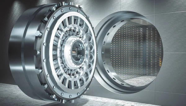 Товсті Двері Безпеки Банківського Сховища Депозитні Сейфи Всередині Візуалізація — стокове фото